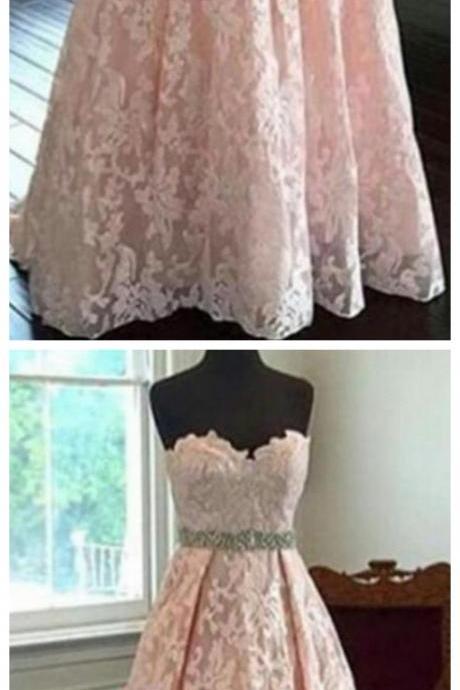 Lace Beading Long A-line Pink Handmade Prom Dresses