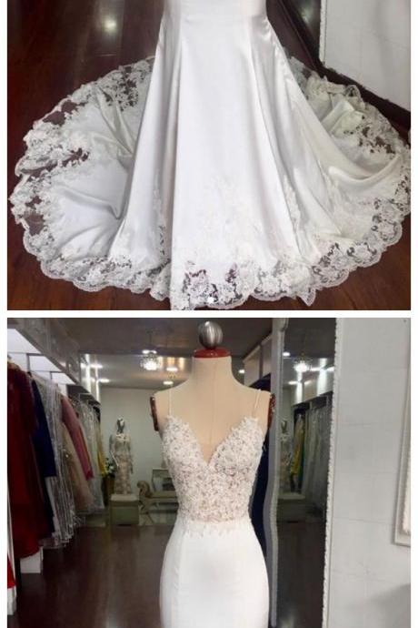 White Lace Satin Long Prom Dress, White Lace Evening Dress