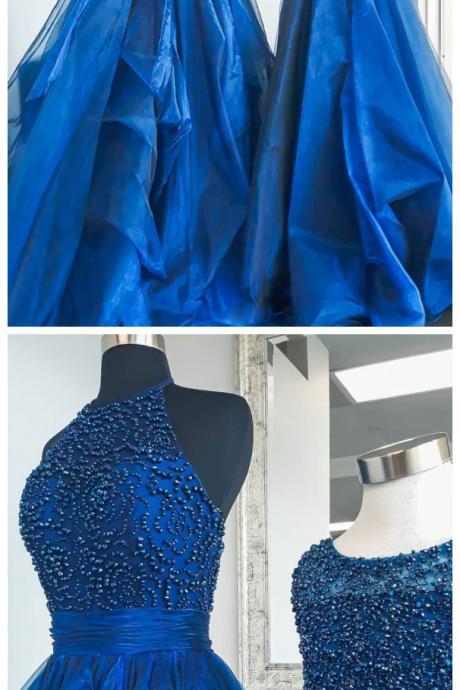 Blue High Neck Tulle Beads Long Prom Dress, Blue Evening Dress