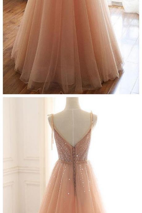 Tulle Beads Sequin Long Prom Dress, Evening Dress