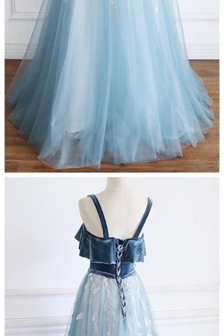 Tulle Lace Long Prom Dress, Blue Lace Formal Dress