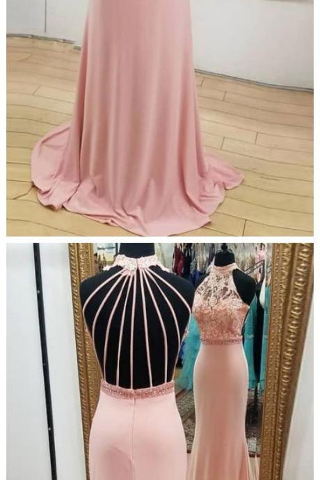 Pink Mermaid Lace Long Prom Dress, Pink Mermaid Evening Dress