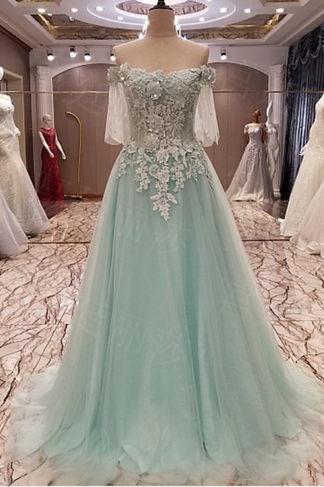 Mint A Line Tulle Prom Dresses,off The Shoulder Handmade Flowers Prom Dress, Appliques Lace Evening Dress Party Gowns