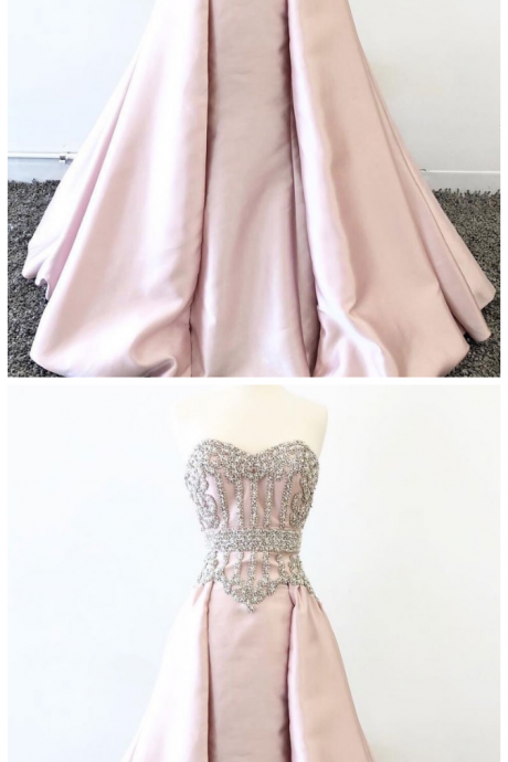 Pink Sweetheart Neck Beads Long Prom Dress, Pink Evening Dress