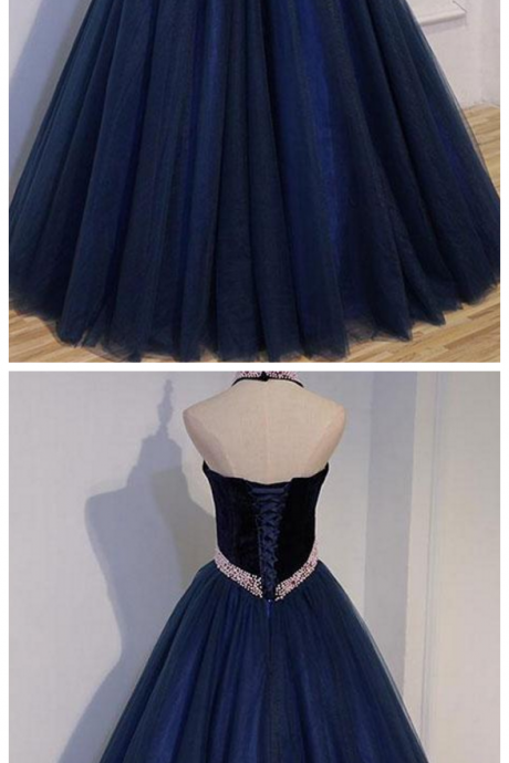 Dark Blue Tulle Beads Long Prom Dress, Dark Blue Evening Dress