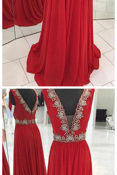 Red V Neck Chiffon Beads Long Prom Dress, Red Evening Dress