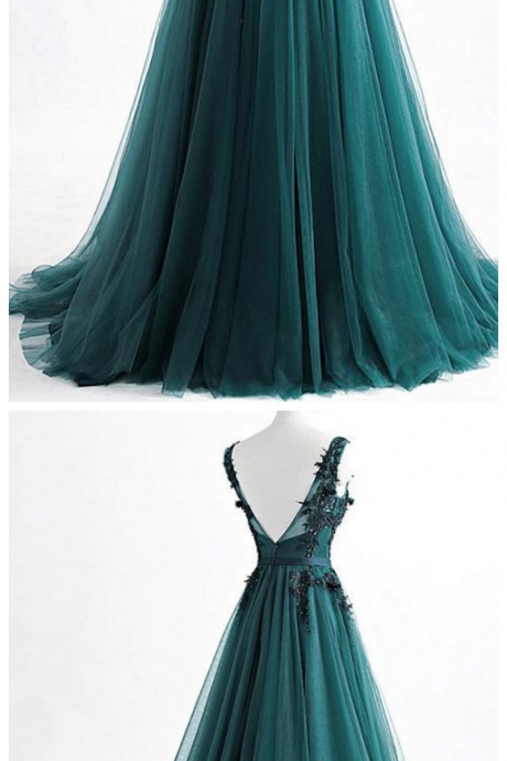 Tulle V-neck Neckline Floor-length A-line Evening Dress With Beaded Lace Appiques