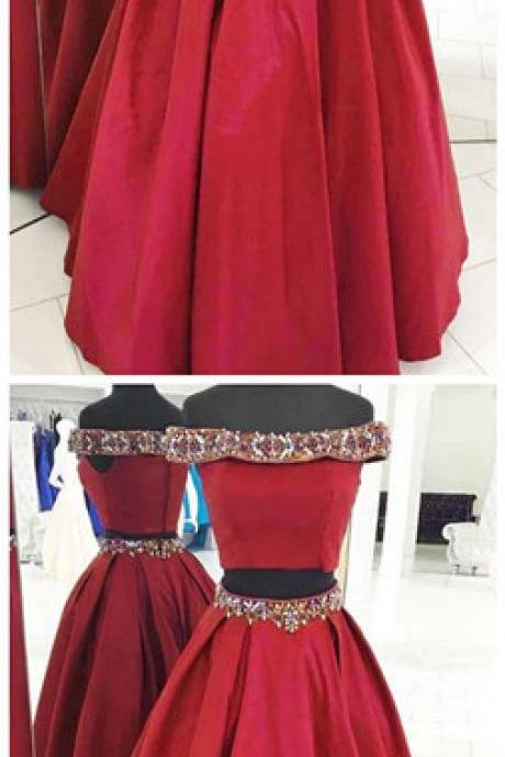 Red Two Piece Satin Prom Dresses,off The Shoulder Prom Dress