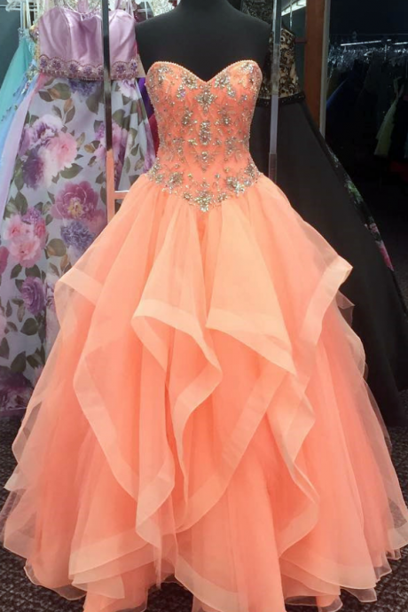 Orange Prom Dress, Beaded Prom Dress, Quinceanera Dresses, Elegant Prom Dress, A Line Prom Dress, Tulle Prom Dress, Elegant Prom Dress, Floor