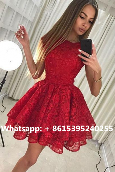 Cute Lace Short Lace Prom Dress, Red Lace Homecoming Dress