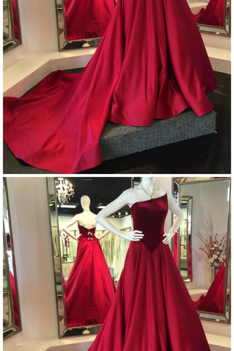Unique A-line Strapless Red Satin Sweep Train Prom Dress With Velvet