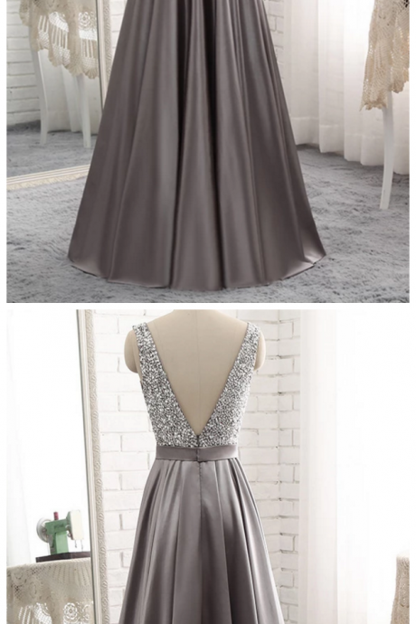 Sparkle Beaded Top With Grey Satin Skirt Long Party Dresses, Grey Prom Dress