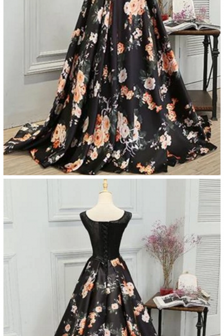Black Floral Prom Gown, Prom Dress , Party Dresses