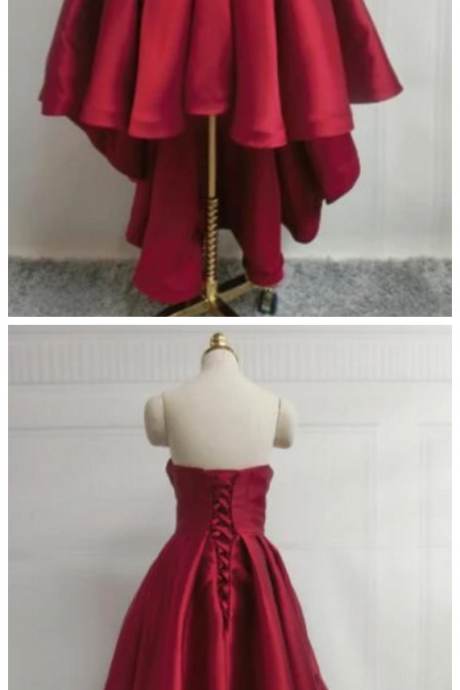 Wine Red Pretty High Low Party Dress, Wine Red Homecoming Dresses, Lace-up Junior Prom Dress