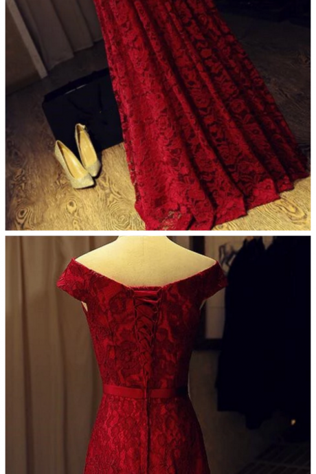 Dark Red Lace Off Shoulder Long Formal Gown With Belt, Pretty Party Dress, Prom Dress