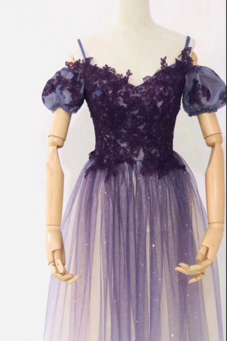 Tulle Lace Applique Purple Party Dress, Long Evening Gown