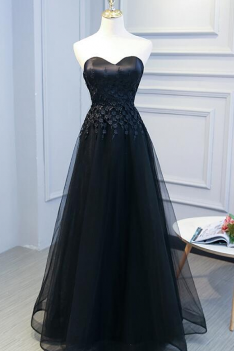 Black Sweetheart Lace And Tulle Long Party Dress, Elegant Bridesmaid Dress