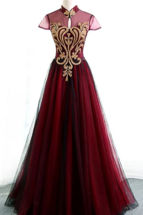 Wine Red Cap Sleeves Long Tulle Evening Gown, Long Formal Dress