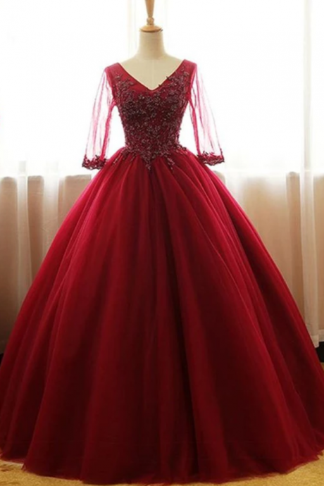 Wine Red 1/2 Sleeves Tulle Formal Gown ,long Party Dress