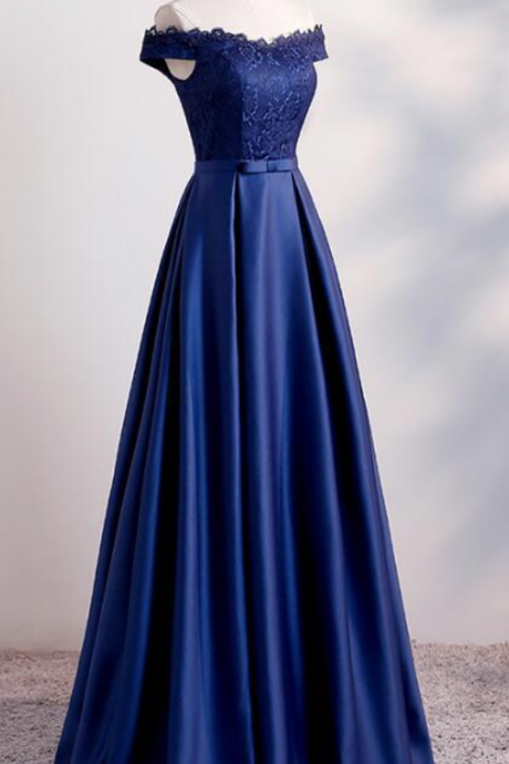 Navy Blue Off Shoulder Bridesmaid Dress, Long Lace And Satin Formal Dress