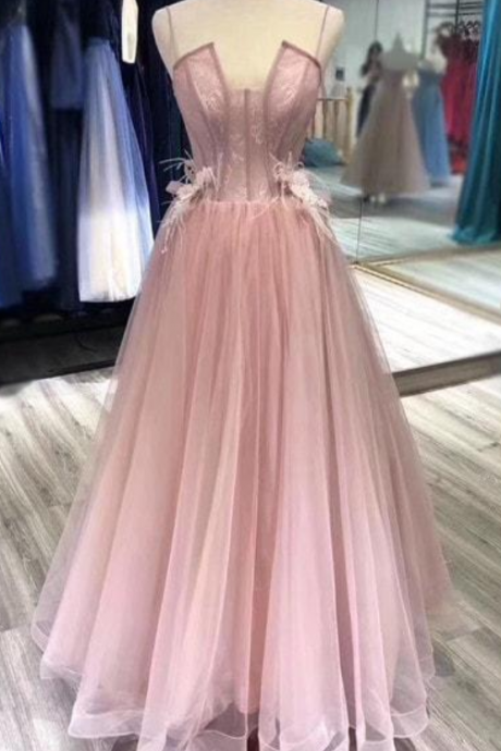 Tulle Straps Long Formal Gown, Pink Elegant Party Dress