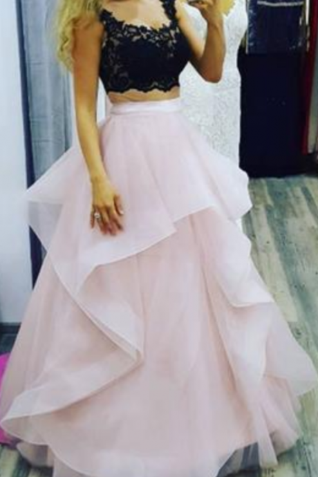 Two Pieces Lace Top Fluffy Long Tulle Formal Prom Dress, , Lace Women Party Dresses,evening Prom Dresses