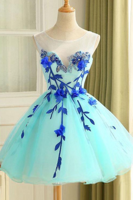 Appliqued Sleeveless Homecoming Dress Princess Beautiful Hand-made Flower Short Prom Dress Party Dress,poofy Tulle Homecoming Gown