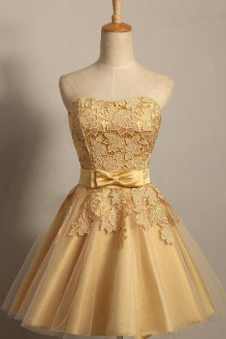 Golden Sleeveless Homecoming Dresses,matte Satin Zippers Bows Mini Strapless A-line/column Homecoming Dress
