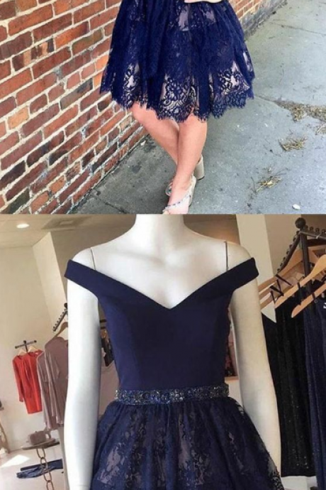 A-line Off-the-shoulder Above-knee Navy Blue Lace Homecoming Dress With Beading