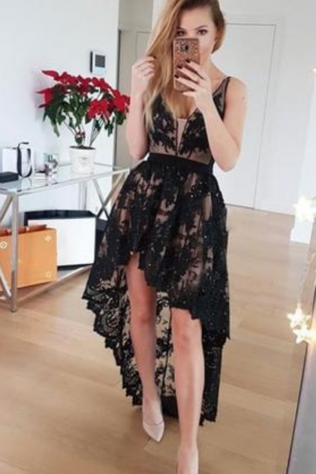 V-neck Black High Low Lace Homecoming Dresses
