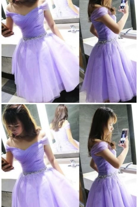 Beautiful Lavender Beaded Waist Cute Tulle Party Dress , Short Homecoming Dress