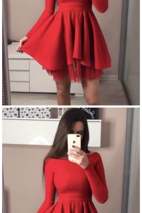 2019 Long Sleeves Red Short A-line Freshman Homecoming Dresses