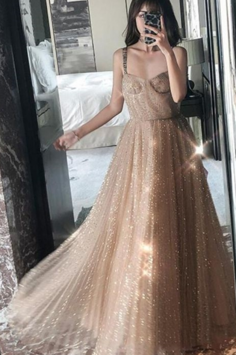 Straps Sparkly Gold A-line Long Evening Prom Dresses, Charming Customized Sweet