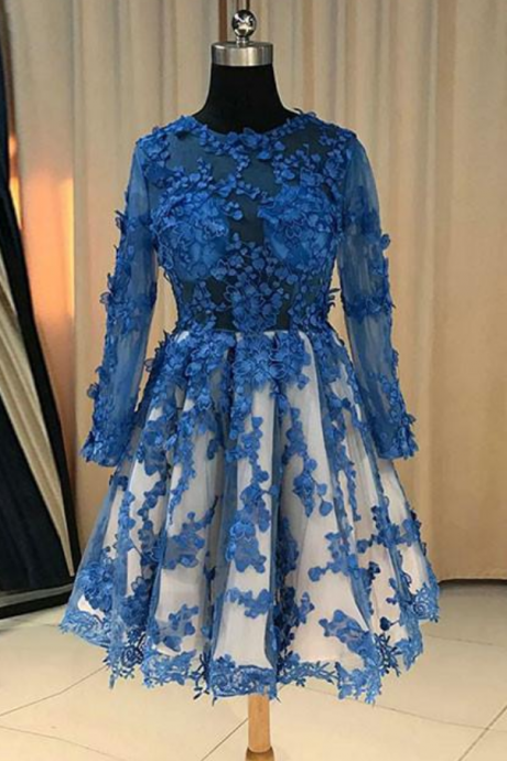  Blue lace short prom dress, blue lace bridesmaid dress