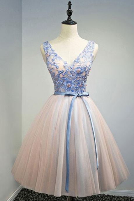 Pink V Neck Tulle Lace Applique Short Prom Dress, Homecoming Dress