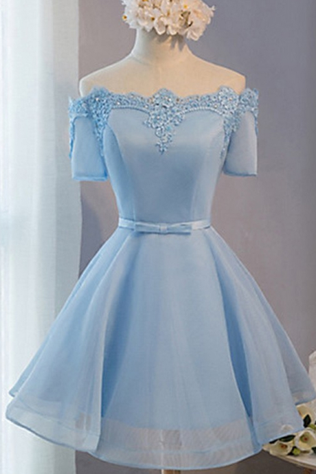 Short Prom Dresses, Baby Blue Prom Dresses, Lace Prom Dresses, Short Sleeves Prom Dresses, Short Prom Dress, Real Samples Prom Dresses,