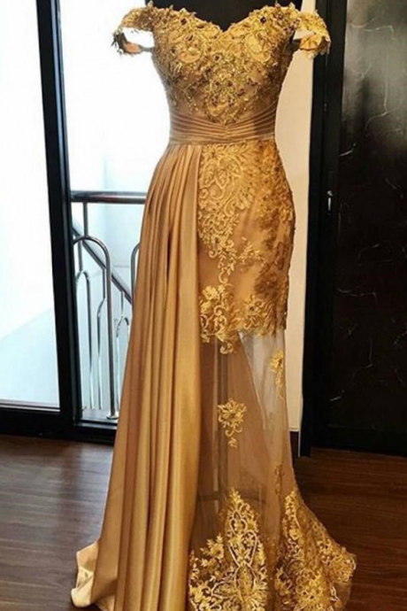 Off The Shoulder Gold Prom Dress, Pageant Dress With Illusion Skirt Evening Dresses