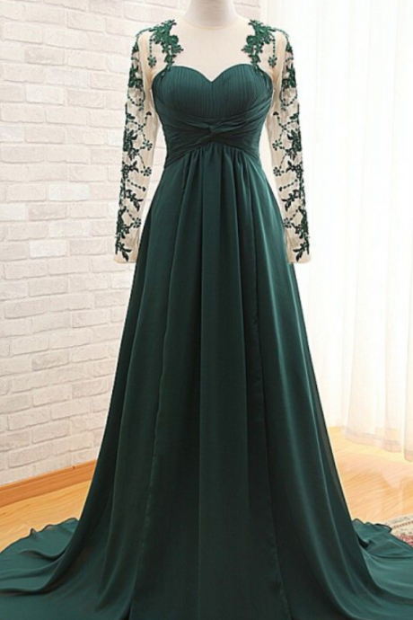 Green Prom Dresses,long Lace Sleeves Prom Dress 2016, Lace Prom Dresses,sexy Sheer Sleeves Party Dresses,evening Dress,green Prom Gowns, Chiffon