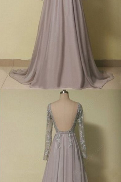 Custom Made Charming Chiffon Prom Dresses,sexy Backless Evening Dresses,long Sleeves Prom Dresses,beading Appliques Evening Dress