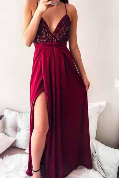 Dark Red Spaghetti Straps Pleated Prom Dresses,long Prom Dress With Sequins, Party Dress,prom Gowns,a-line Evening Dress