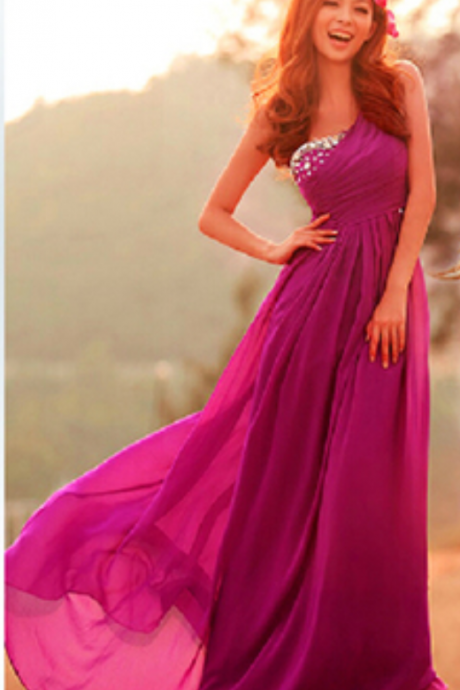 Rosy Pink One-shoulder Floor Length Chiffon Prom Dress With Crystal Beading