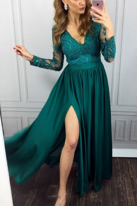 Dark Green Lace Long Prom Dresses,sexy Spaghetti Straps Leg Split Party Dress For Teens, Simple Evening Dresses