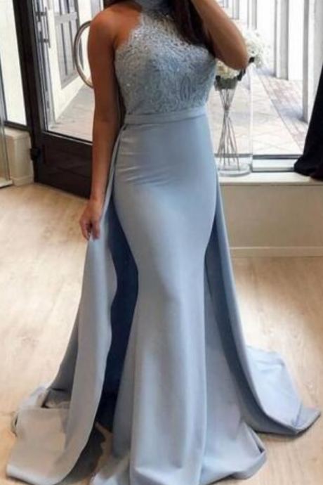 Simple Halter Neck Prom Dresses With Lace Fixed Court Train Mermaid Evening Dresses Custom Made Evening Gowns