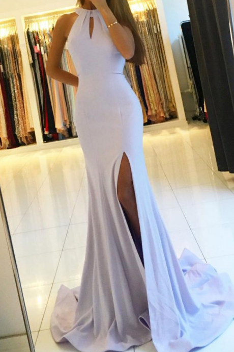 Elegant Mermaid Jewel Sleevelesss Split Front Long Prom Dress With Keyhole