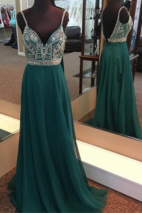 Dark Green Prom Dress, Spaghetti Straps Prom Dress, Beading Long Prom Dress