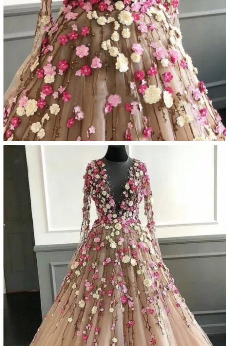 Floral Scoop Lace Long Sleeve Pink Prom Dresses With Tulle Long Evening Dresses,