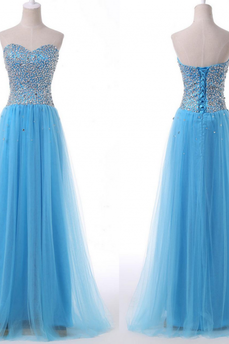 Long Prom Dress, Blue Prom Dress, Lace Up Prom Dress, Tulle Prom Dress, Elegant Prom Dress, Sweet Heart Prom Dress,