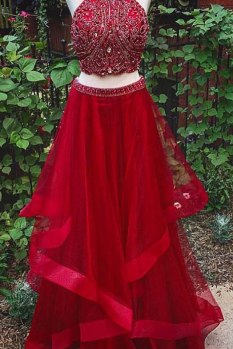 Red Prom Dress,2 Pieces Prom Dress,crystals Prom Dresses,prom Gown,sexy Prom Dresses,evening Gown,organza Dresses,red Dresses