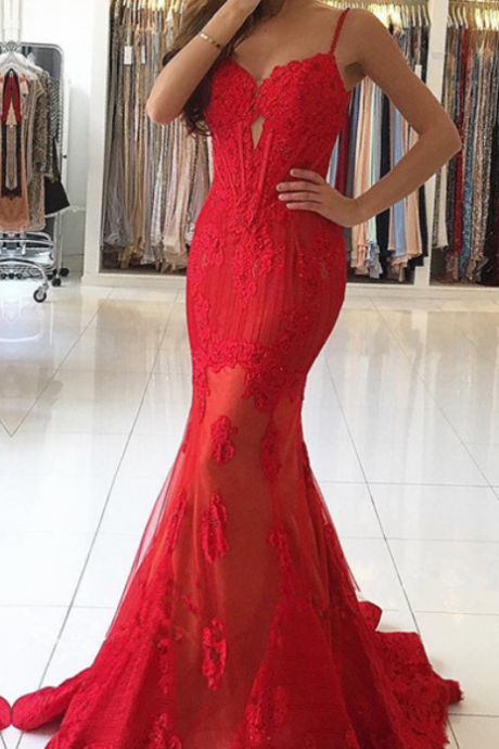Charming Tulle Appliques Long Prom Dress, Sexy Sleeveless Prom Dresses, Spaghetti Straps Red Mermaid Evening Dress