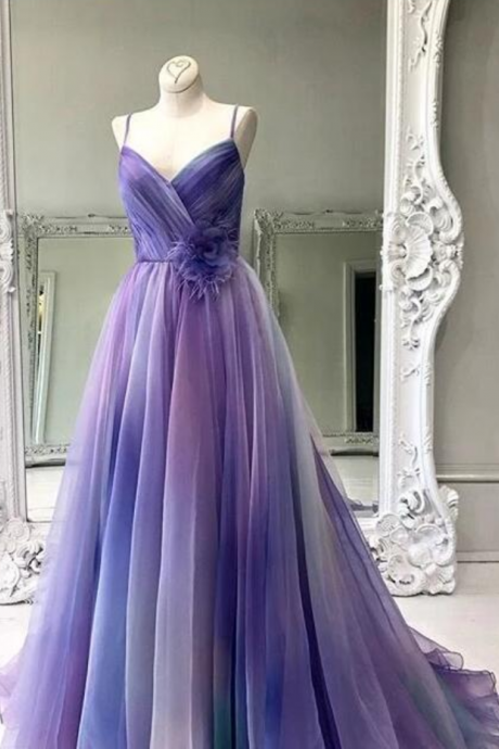 Spaghetti Straps Ombre Prom Dresses Designer Colorful Long Evening Dress With Ruffles Formal Gowns